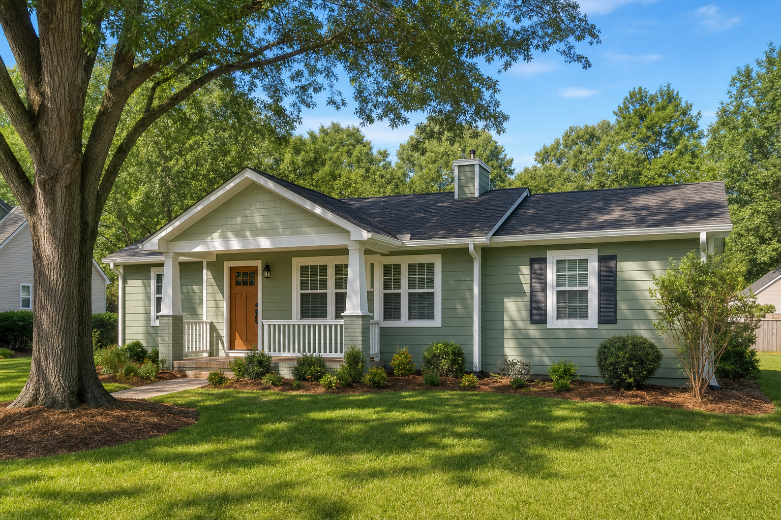 A charming sage-green ranch home in a quiet neighborhood